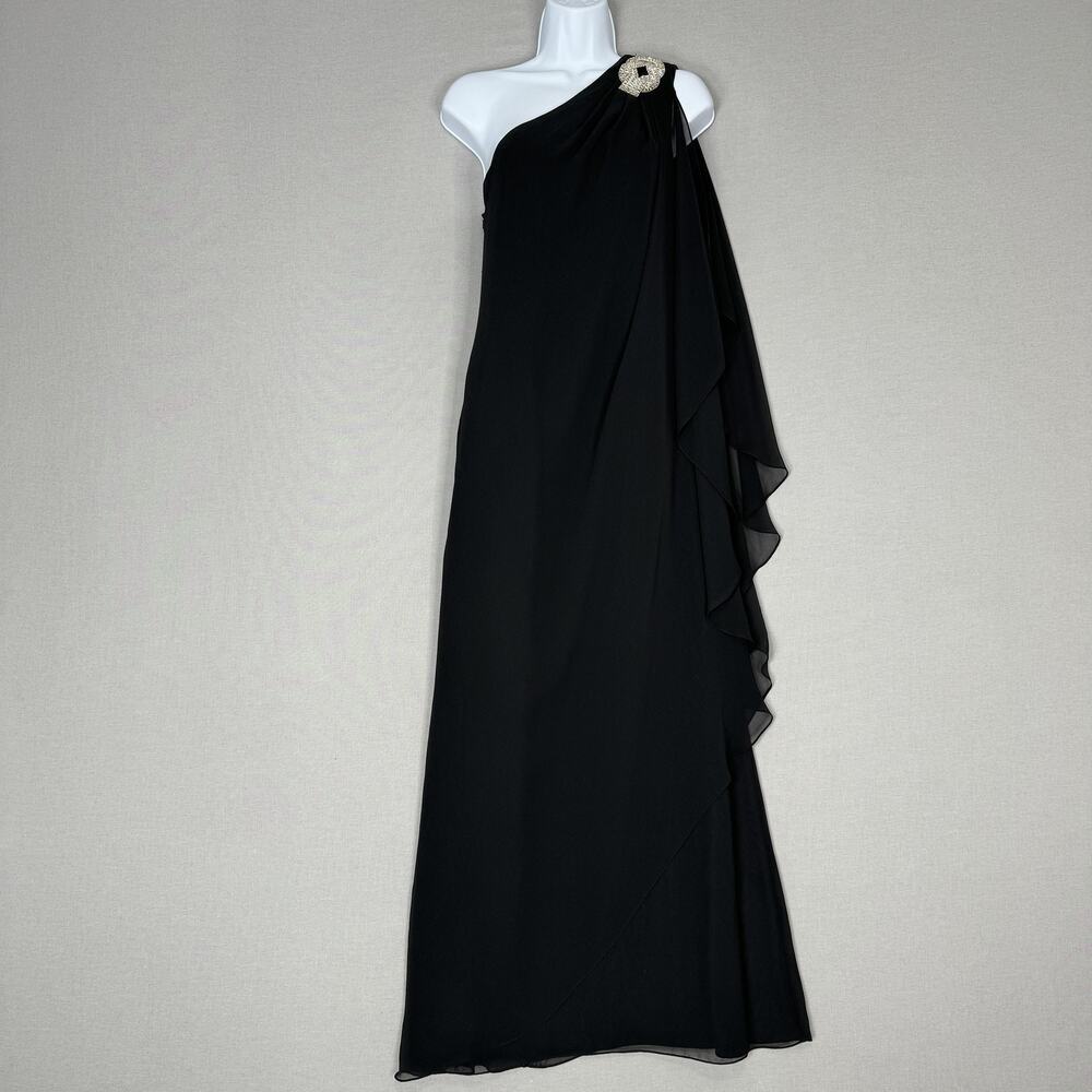 XSCAPE Dress Womens 4 Black One Shoulder Rhinestone Sash Gown Evening Formal